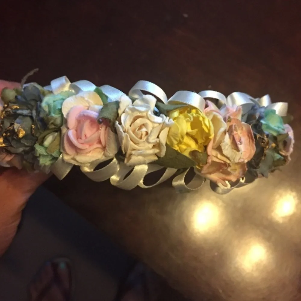 Beautiful HANDMADE headband with COLORFUL flowers and CREAM ribbon